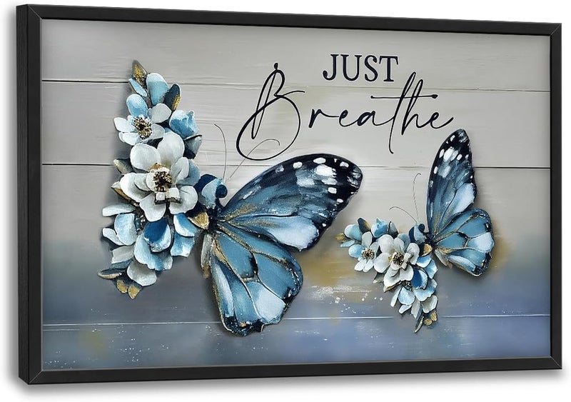 Lovira Blue Butterfly Large Wall Art Just Breathe Canvas Wall Decor Pictures Prints Painting Framed Artwork for Living Room Bedroom Bathroom Kitchen Office 24"x36" - Image 1